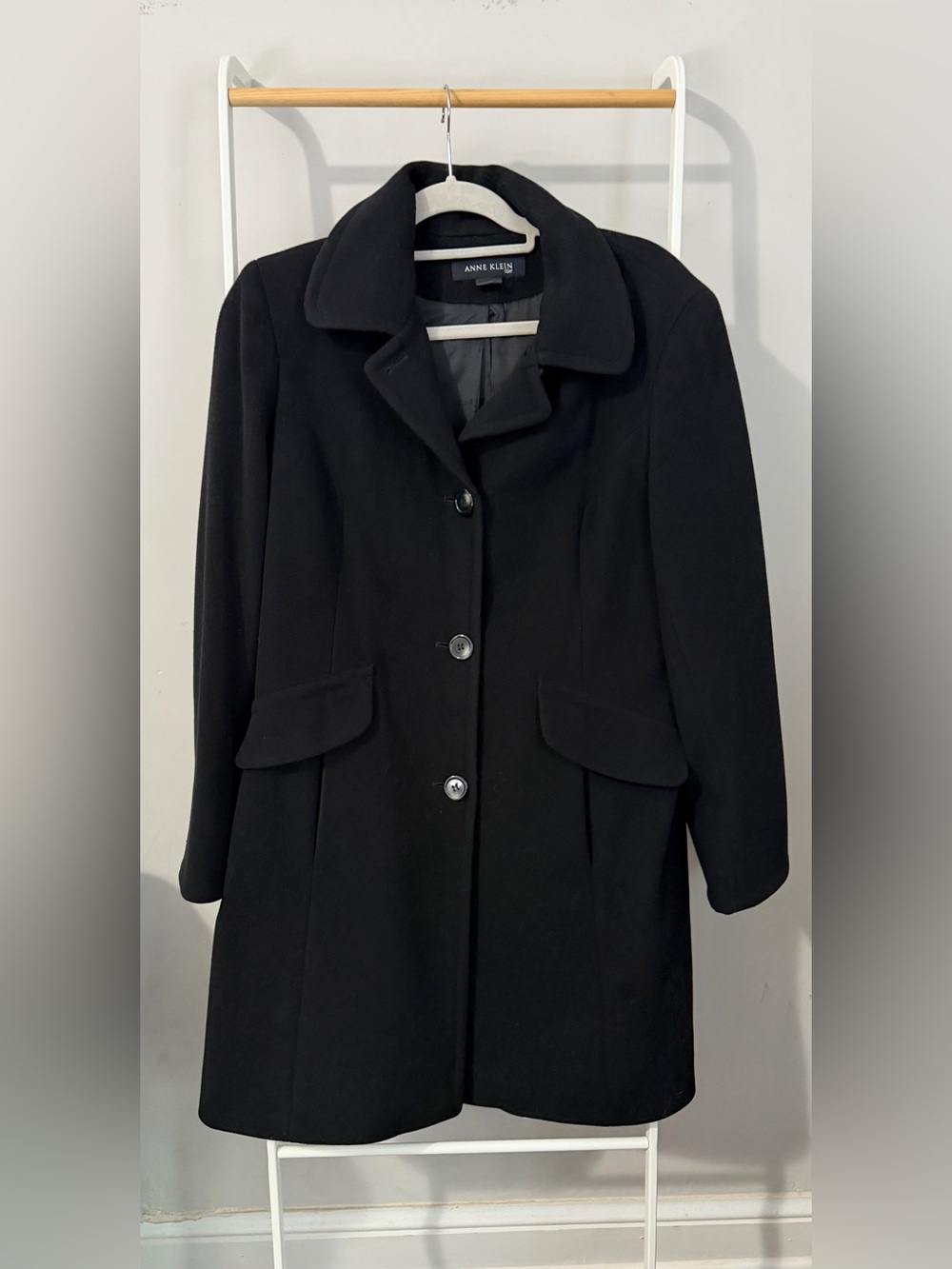 Anne Klein Black Single-Breasted Wool-Blend Pea Coat